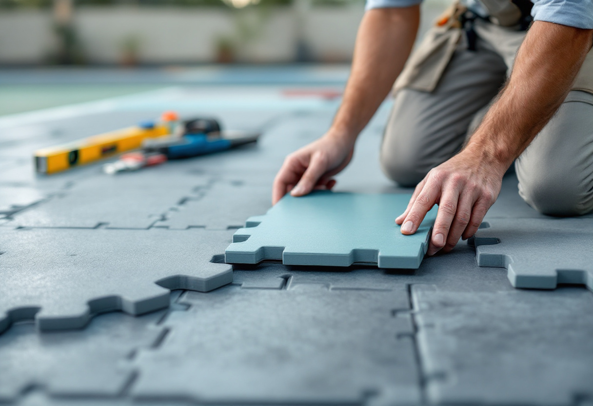 Modular snap-together pickleball court tiles being installed